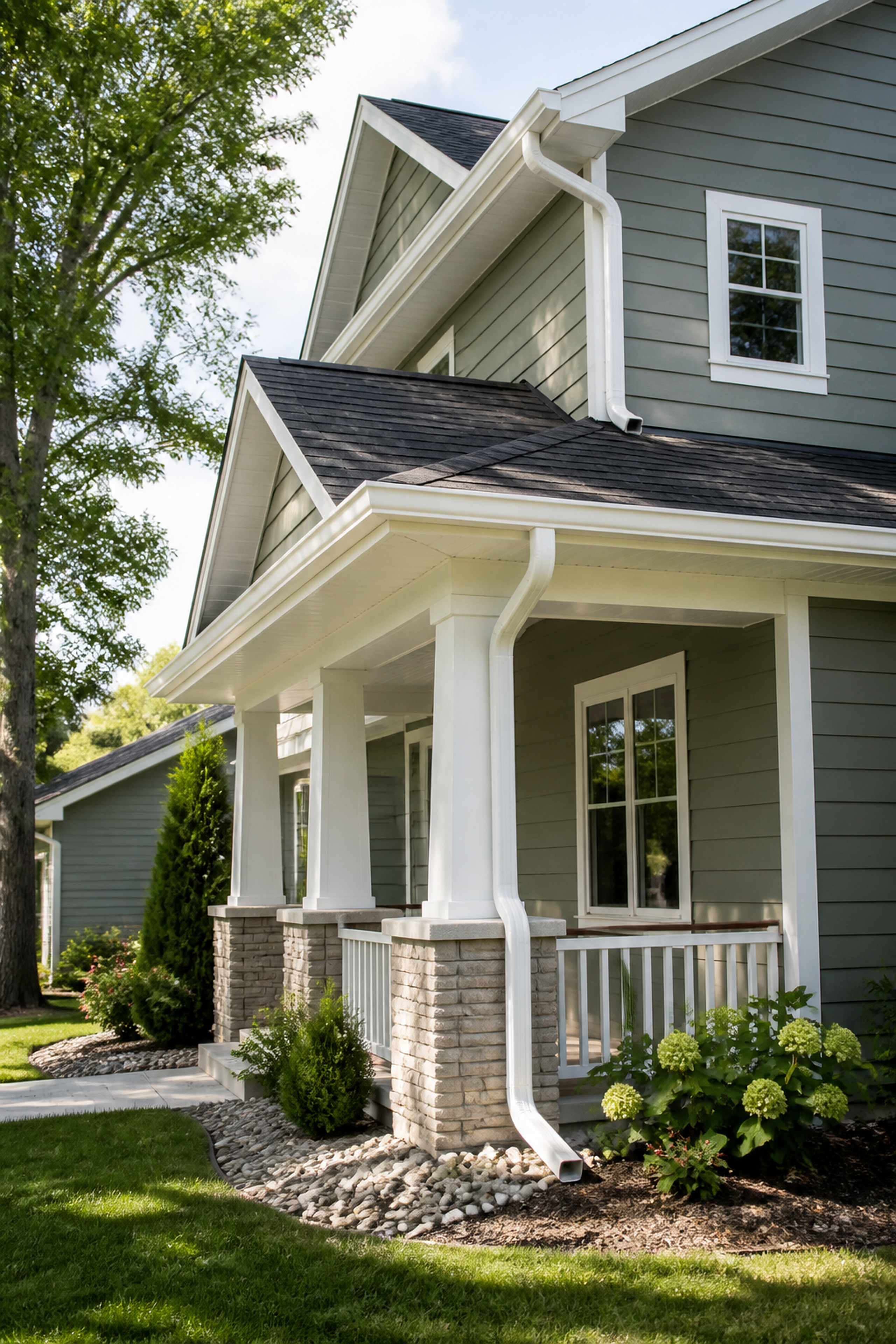 Gutter systems that protect the roofline, siding, and foundation.